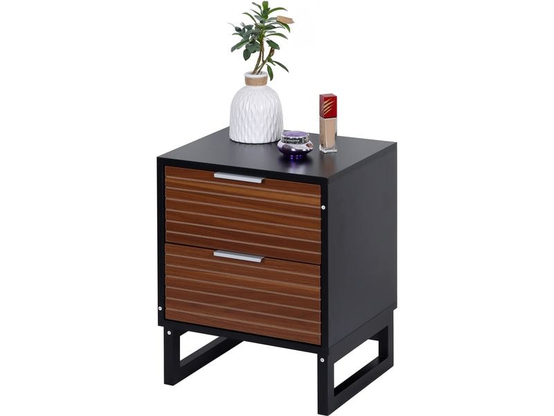 [2029010] relaxdays Nachttisch mit 2 Schubladen 40 x 50 cm, Schwarz/Braun/Silber