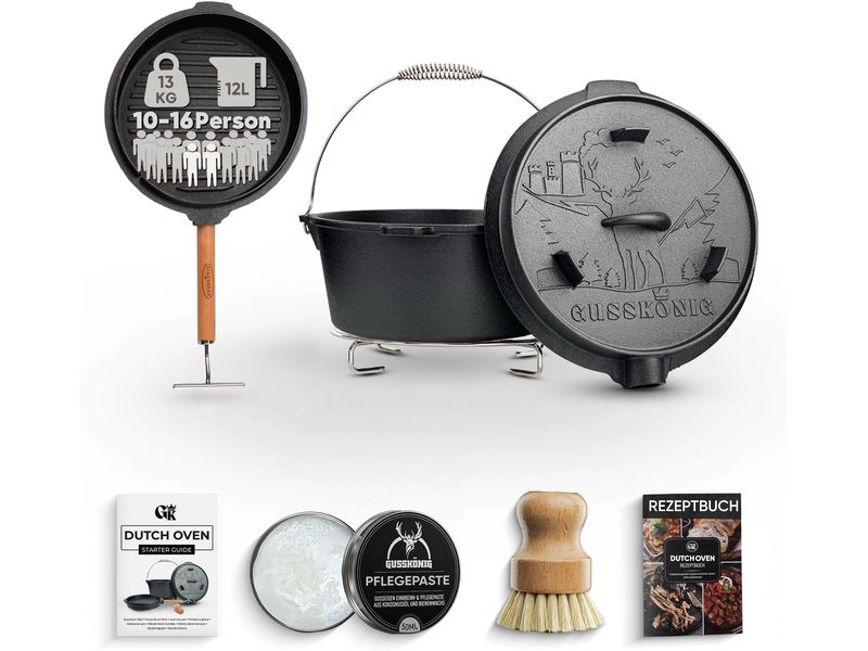 Gusskoenig Dutch Oven Set 12 l mit 2in1 Deckelheber ohne Füsse