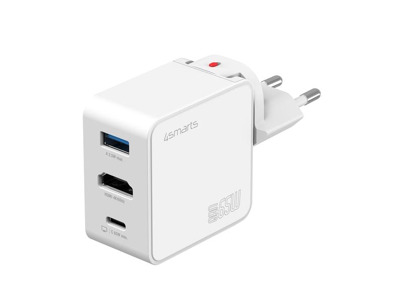[2111113] 4smarts USB-Wandladegerät 3in1 HDMI Hub GaN Flex 65W Weiss