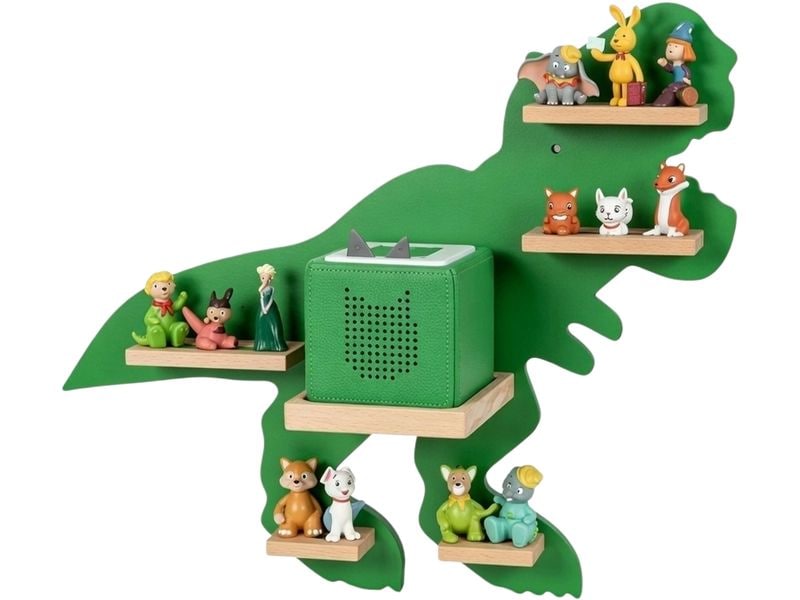 [2111496] relaxdays Toniebox-Regal Dinosaurier, MDF / Holz, Grün / Hellbraun