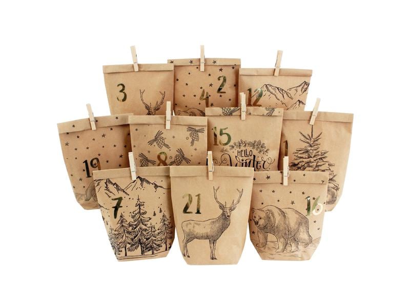 G. Wurm Adventskalender Tüten mit Klammern Waldtiere, 24 Stück