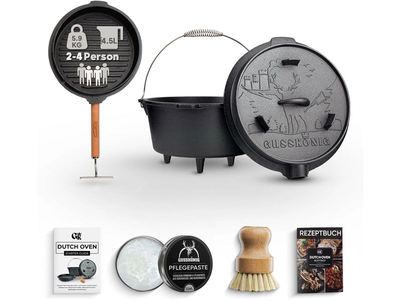 Gusskoenig Dutch Oven Set 4,5 l mit 2in1 Deckelheber mit Füssen