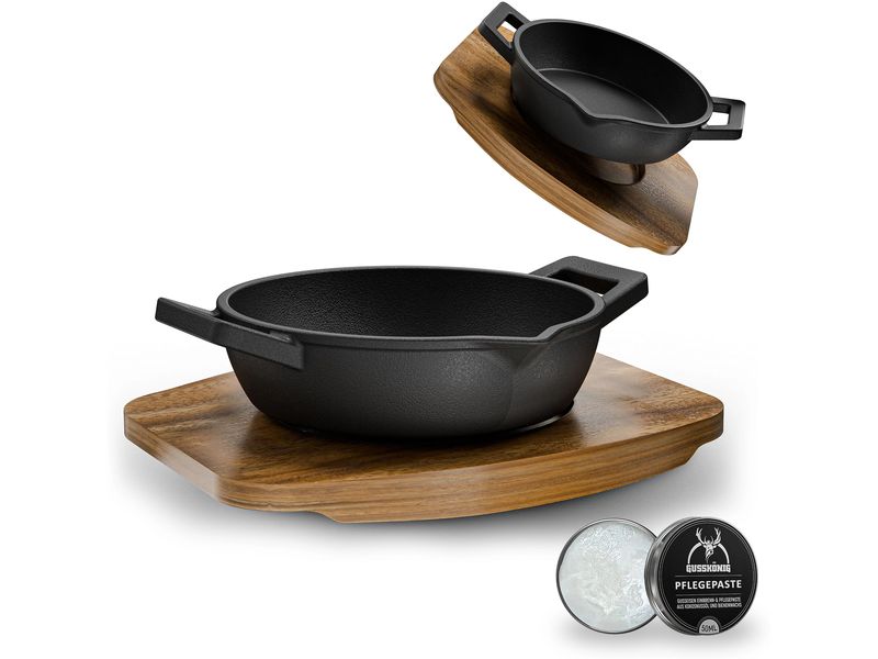 Gusskoenig Eingebrannte runde Mini-Pfanne 2-set mit Holzsockel