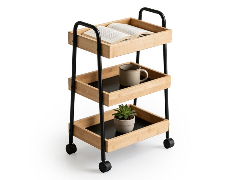 [2141610] relaxdays Rollwagen Bambus & Metall 3 Fächer 73 x 45,5 x 28 cm