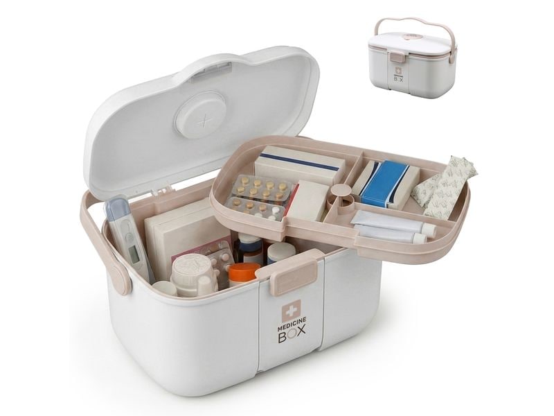 [2141616] relaxdays Medizinbox aus Kunststoff Beige/Weiss 17 x 28 x 18 cm