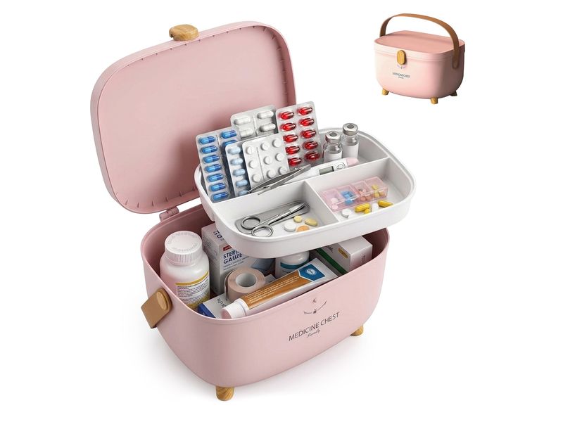 relaxdays Medizinbox aus Kunststoff Hellbraun/Rosa 18 x 28 x 20 cm