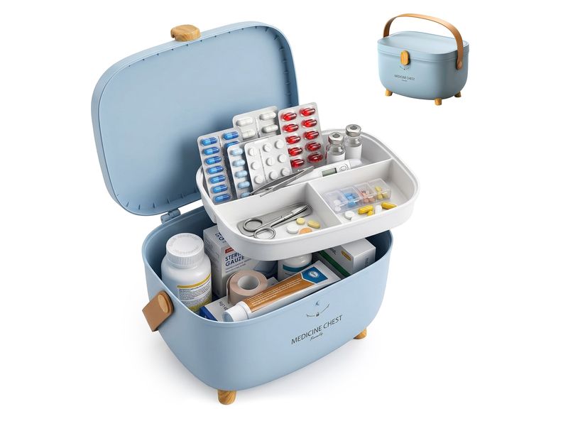 relaxdays Medizinbox aus Kunststoff Hellblau/Hellbraun 18 x 28 x 20 cm