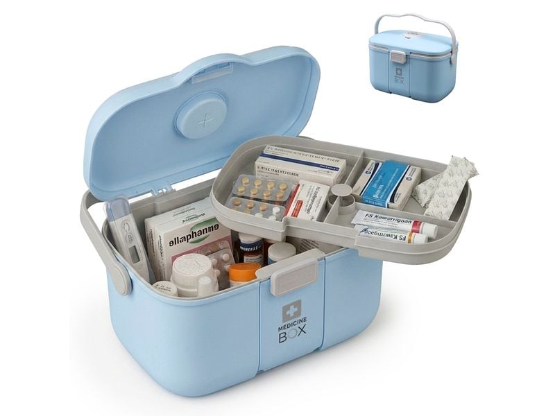 relaxdays Medizinbox aus Kunststoff Grau/Hellblau 17 x 28 x 18 cm