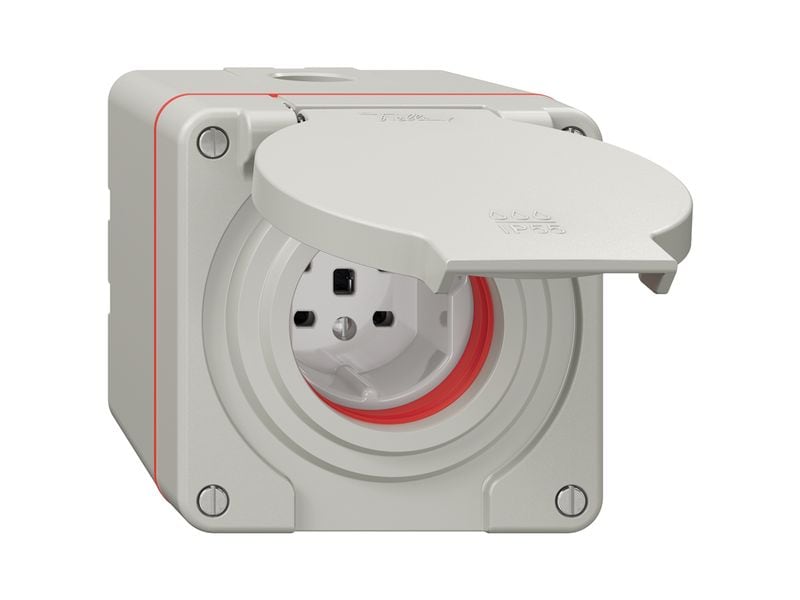 Feller NEVO AP-Nass-Steckdose 1xT25 (16A/400 V) IP55 lgr Grau