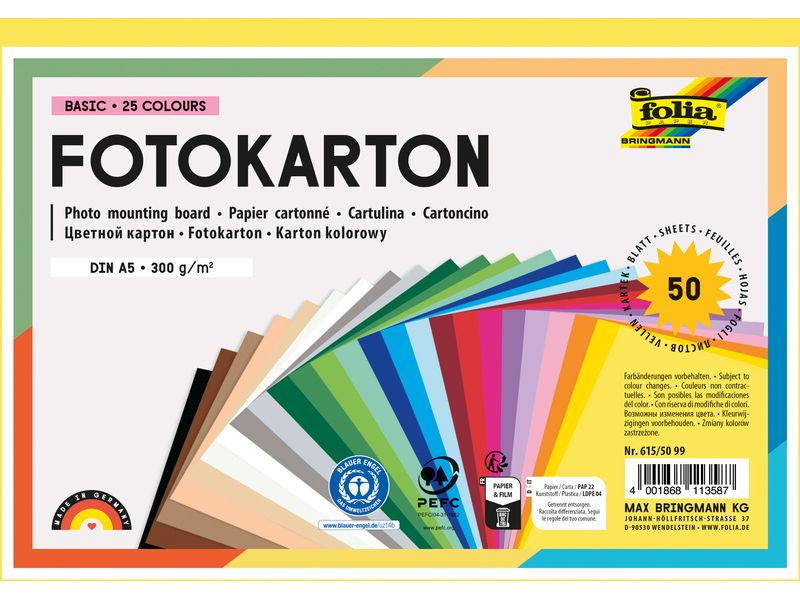 Folia Fotokarton A5 300 g/m² 25 Farben sortiert 50 Blatt