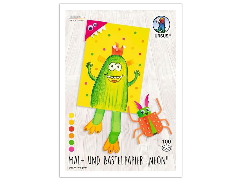 URSUS Bastelpapier und Malpapier Neon A4, 80 g/m²,  Mehrfarbig