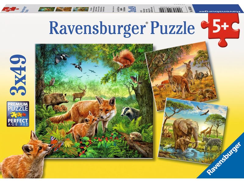 Ravensburger Puzzle Tiere der Erde 3 x 49 Teile mit Mini-Postern