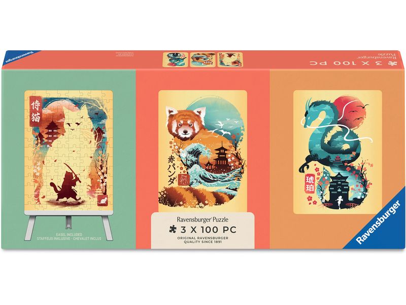 Ravensburger Puzzle Ukiyo-e Katzenkrieger, Roter Panda & Drache 3 x 100