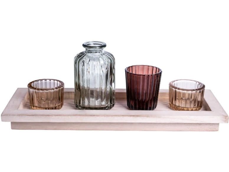 CHALET Chalet SET 4tlg. Glasset m. Holzteller Braun Creme Grau