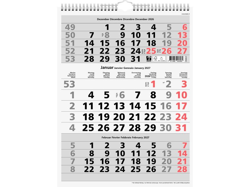 Simplex Wandkalender 2027 3M/1S Rot 31 x 40 cm