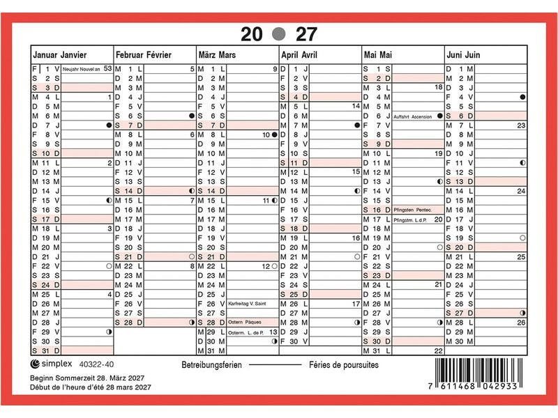 Simplex Tafelkalender 2027 A6 Querformat, D/F, Weiss/Rot