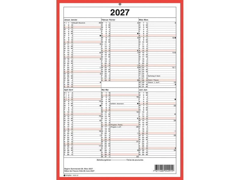 [2053172] Simplex Tafelkalender 2027 A4 Hochformat, Rot/Weiss