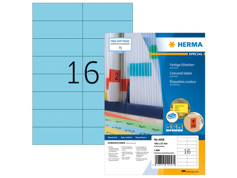 HERMA Farbige Etiketten A4, 105 x 37 mm, blau, 1600 Etiketten