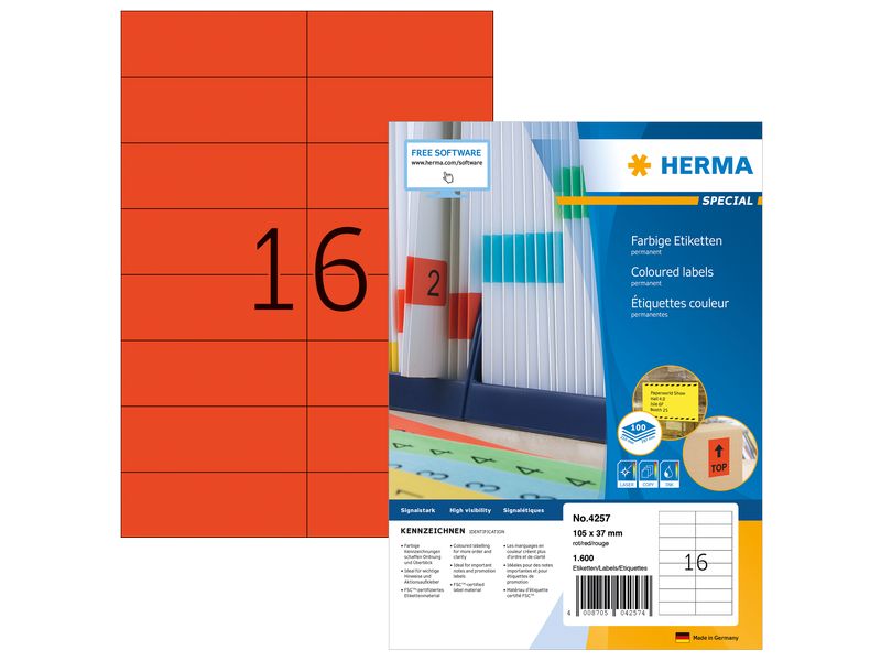 HERMA Farbige Etiketten A4, 105 x 37 mm, rot, 1600 Etiketten