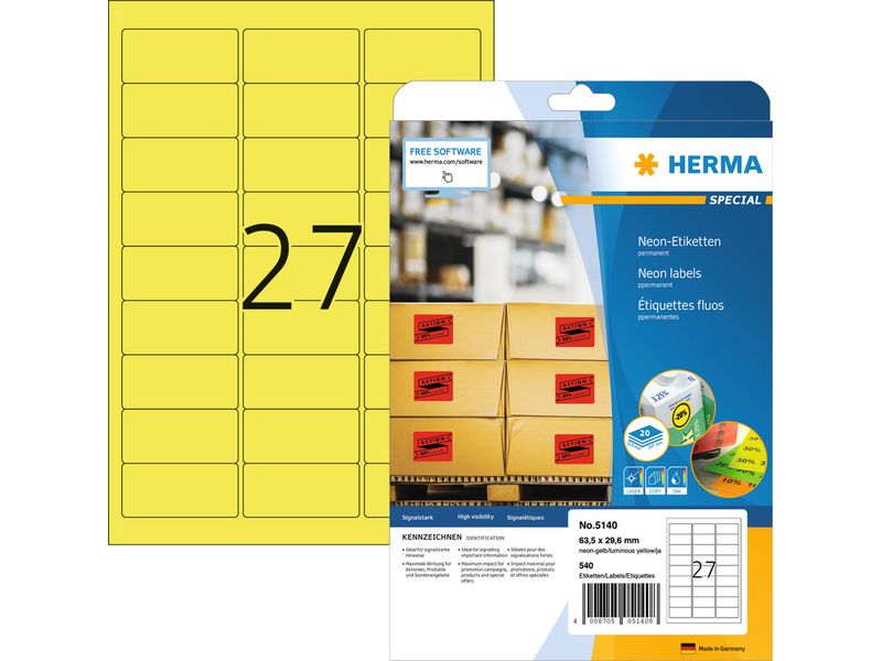 HERMA Neonetiketten A4, Ø 60 mm, rund, leuchtgelb 240 Etiketten