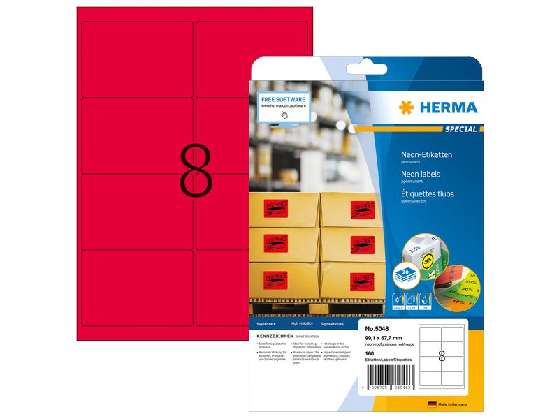 HERMA Neonetiketten A4, 99,1 x 67,7 mm, leuchtrot, 160 Etiketten