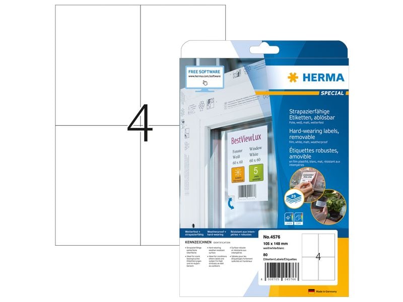 HERMA Folien-Etiketten A4, 105 x 148 mm, weiss, 80 Etiketten