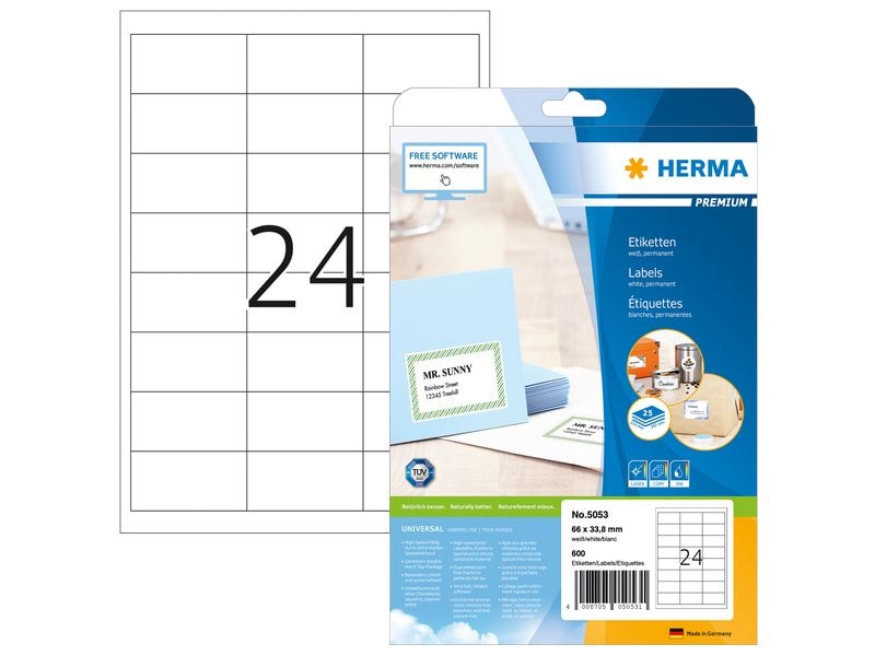 HERMA Premium Etiketten A4, 66 x 33.8 mm, weiss, 600 Etiketten