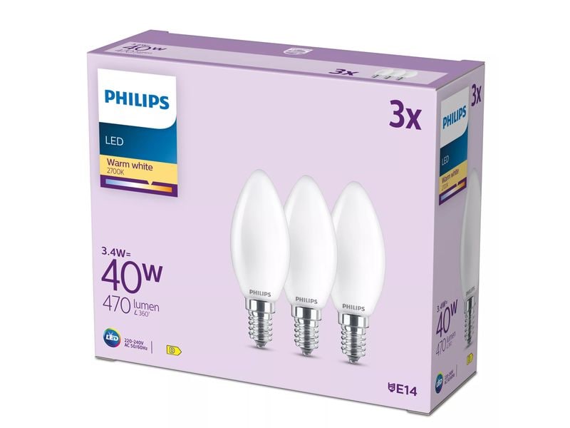 Philips LED Filament-Kerzenlampe, Milchglas, 40W, B35, E14, 3er-Pack