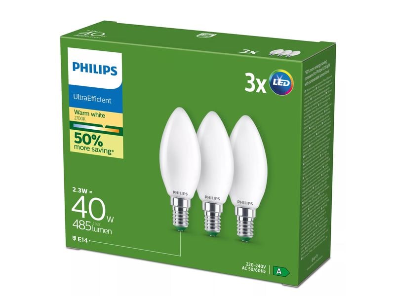 Philips E14 LED Lampe, 3er-Pack, 40W, EyeComfort, Warmweiss