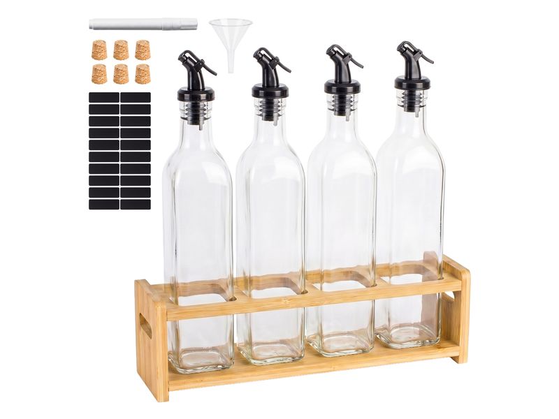 relaxdays Ölflaschen Set 4-teilig Glas Bambus 500 ml